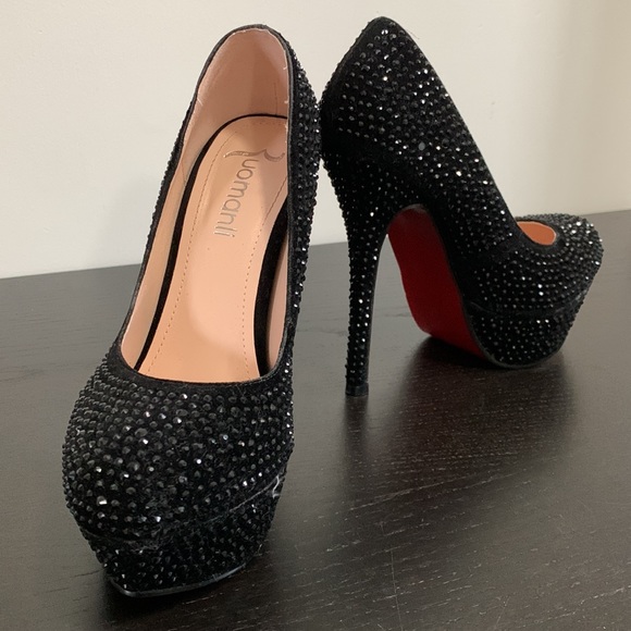 Black suede/rhinestone platform, stilettos - Picture 6 of 13